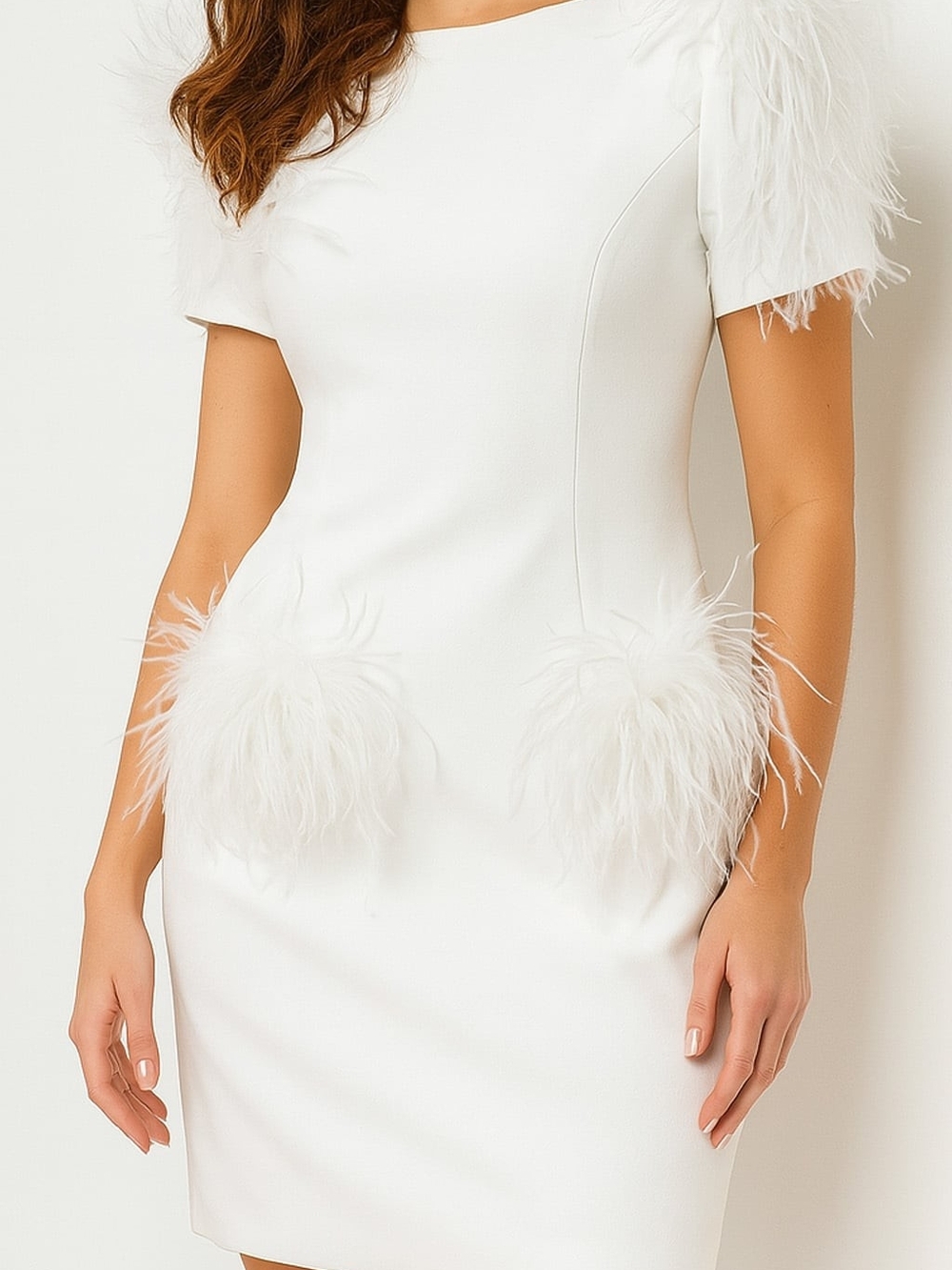 Jovani White Feather-Trim Mini Dress